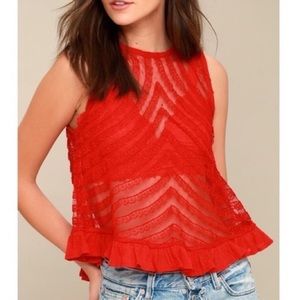 Free People She’s A Doll Red Lace Ruffle Top Size XS